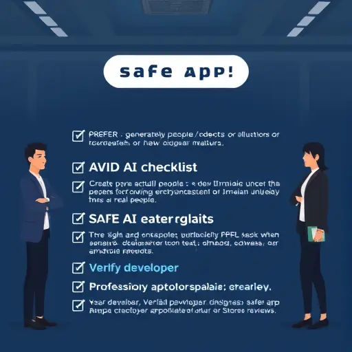checklist illustration of safe AI app verification steps:; clean minimal dark style, text-free