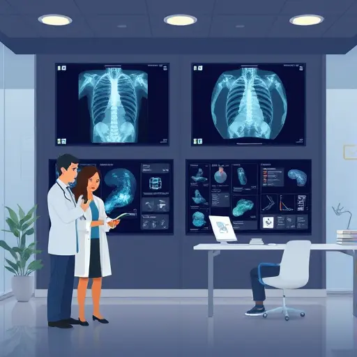 illustration of radiology and pathology workflows enhanced by AI, X-
