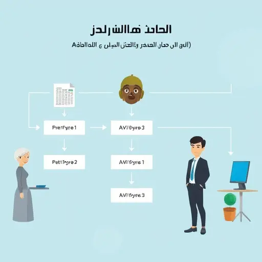cartoon style flowchart showing steps of AI photo creation, two animated avatars, step-by-