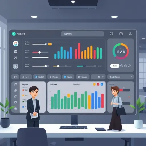 animated illustration of advanced AI photo editing dashboard, sliders and options, two stylized avatars, technology symbols, text-free