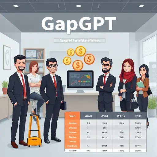 cartoon infographic showing GapGPT and world platforms, Iranian currency coins, price tags, comparison chart, text-free