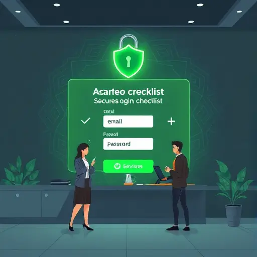animated illustration of a secure login checklist for AI services, dark UI with green accents, icons for email, password, and 2