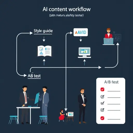 modern AI content workflow illustration, steps: style guide creation, prompt template, A/