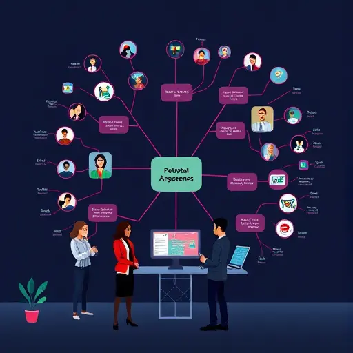 mind map of audience persona and search intent mapping, icons for TOFU/MOFU/BOFU, clean vector illustration, dark background, neon accent lines, text-free