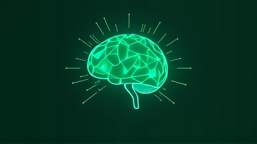 abstract illustration of artificial intelligence, Gemini logo style, digital AI brain with glowing circuits, green and dark background, cartoon style, text-free, modern look
