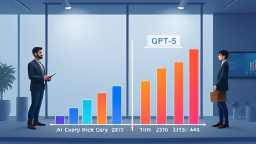 comparison chart abstractly illustrating AI model progress, animated bar graphs, GPT-5 highlighted, minimalistic, no text