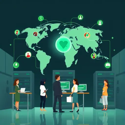 abstract illustration showing Iranian servers securely connected to global AI models, cartoon data security icons, dark and green theme, text-free