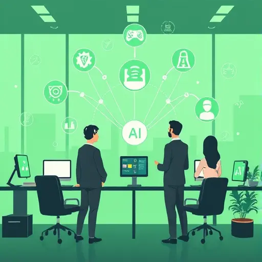 modern cartoon illustration of AI apps, showing interconnected devices and AI icons, clean design, green and black theme, text-free
