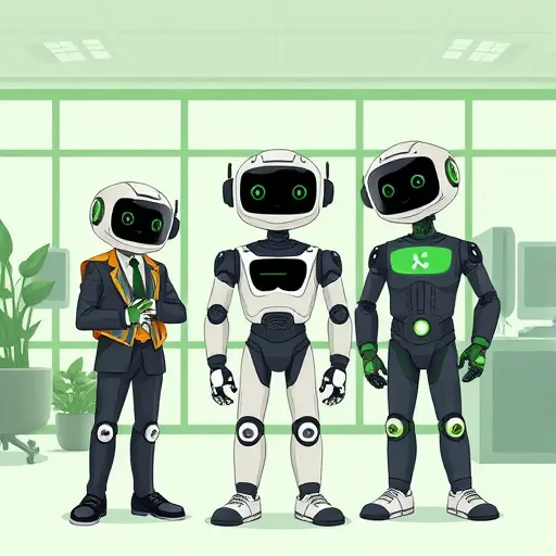 cartoon-style illustration showing different AI models like ChatGPT, Claude, Gemini as friendly robots, green and black palette, text-free