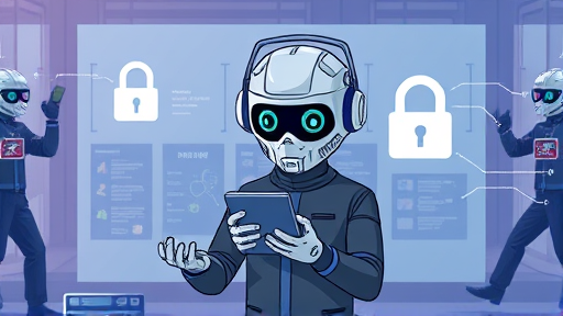 modern AI agent cartoon examining deep web databases, network wires and data clouds, symbolic lock and key, futuristic, no text