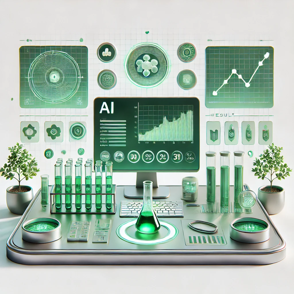 animated illustration of AI dashboard intelligently analyzing medical lab data, test tubes and result charts, green accent colors, text-free