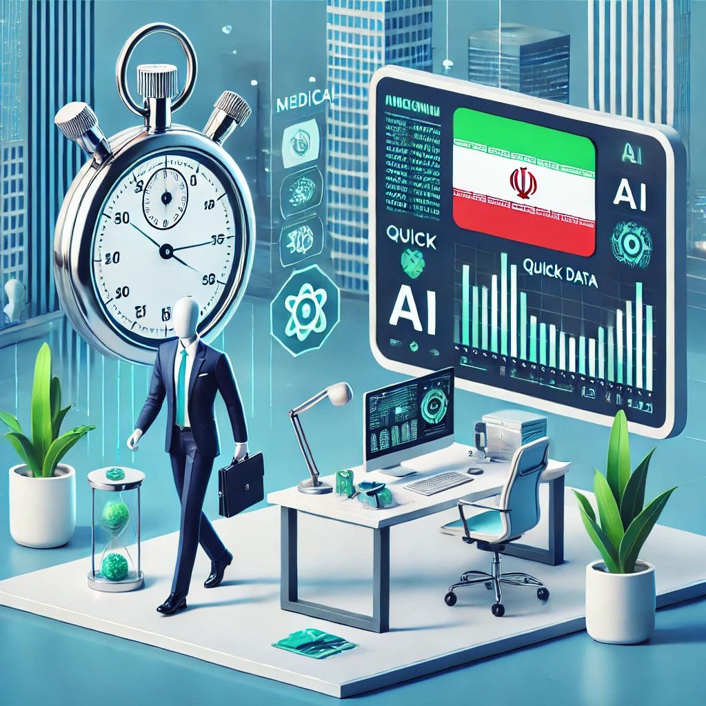 modern animated illustration: medical stopwatch, AI icons, and quick data charts, accent green and blue, text-free