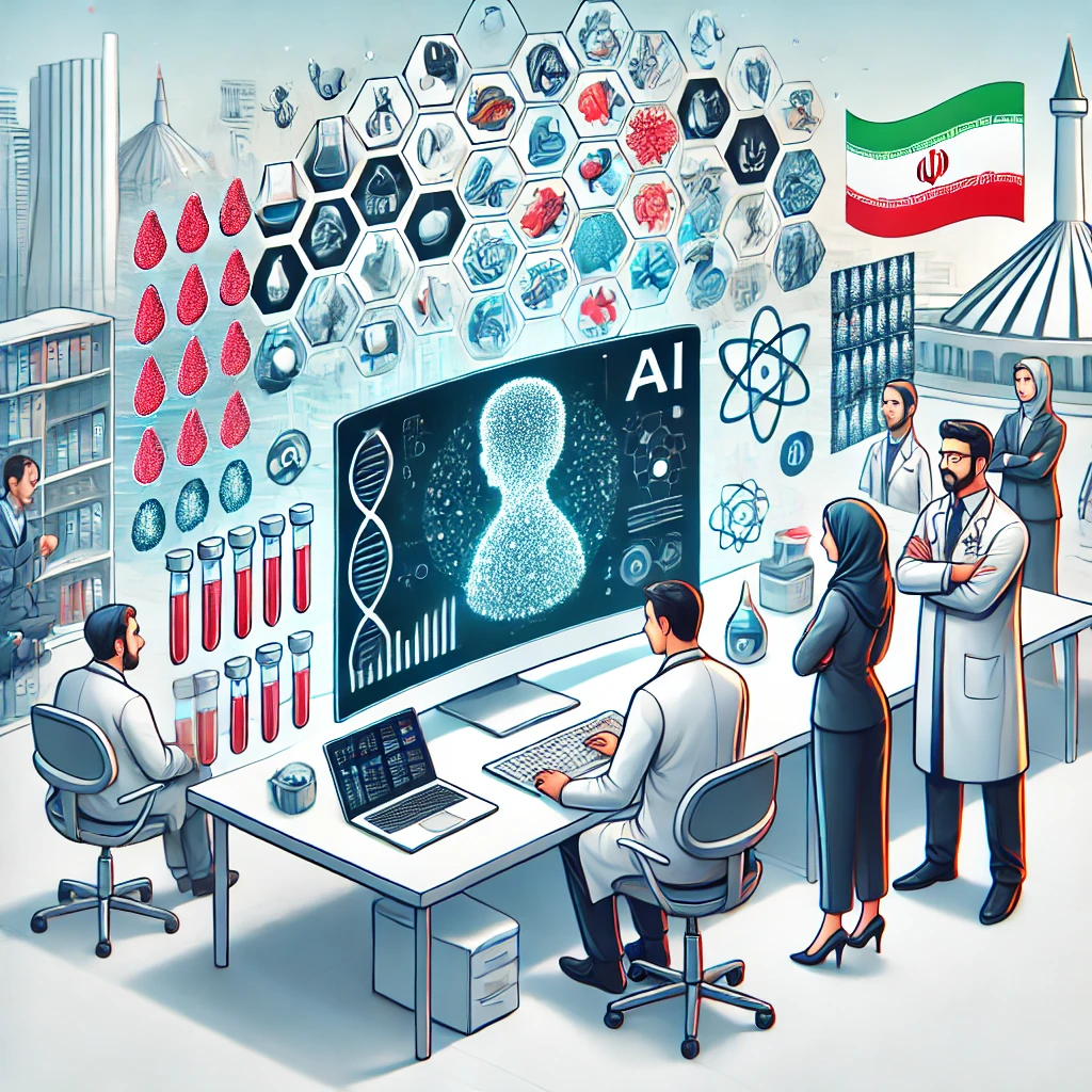cartoon illustration showing AI analyzing diverse medical data types: blood, genetics, radiology images, tech theme, text-free