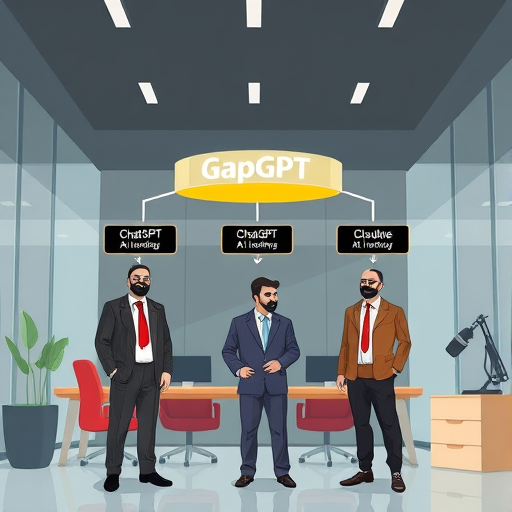 cartoon style illustration comparing AI models (ChatGPT, Claude, Gemini) under an API umbrella labeled