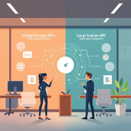 modern API architecture comparison infographic, cartoon style illustration showing two sides: global foreign APIs with blocked access, and local Iranian API (GapGPT)