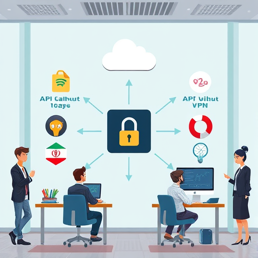 persian tech diagram cartoon-style, showing API call flow with and without VPN, animated icons (lock, cloud, connection arrows)
