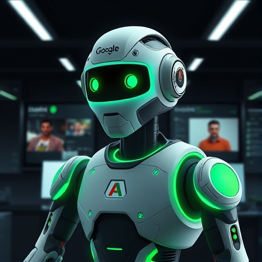 modern AI image editing illustration, animated Google Gemini robot blending two photos together, futuristic interface, bright greens and dark background, no text