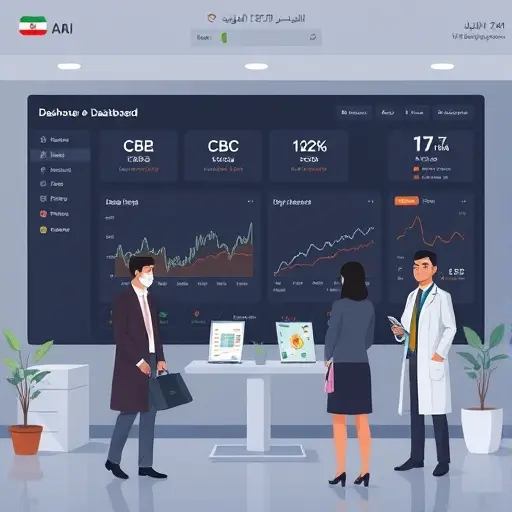 abstract AI dashboard showing normal ranges, flags and trends for CBC and glucose, dark theme, minimalist icons, text-