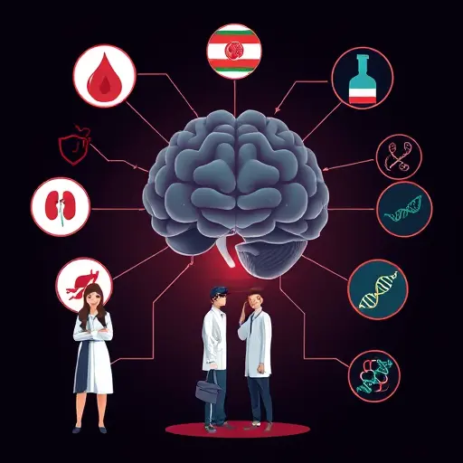diagram-style illustration of various lab test icons (blood drop, thyroid, liver, kidney, genetics)