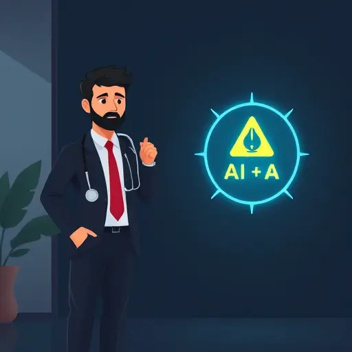 warning-style illustration showing a stethoscope and AI icon side-by-side with a caution symbol, dark theme, minimalist, text-free