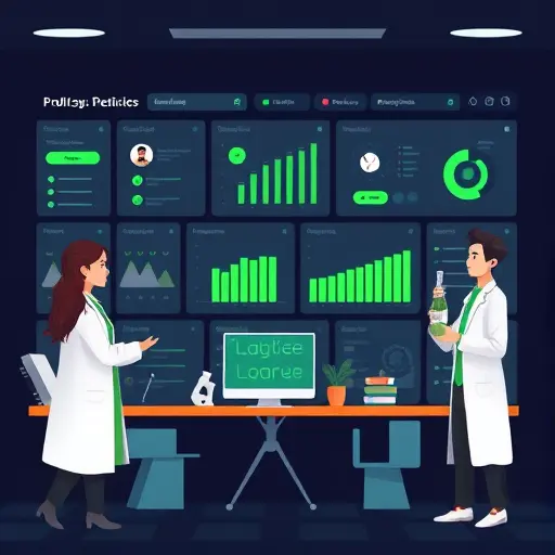 dashboard-style illustration showing checklists and flagged lab markers, AI assistant giving structured insights, dark background, green highlight accents, minimalist icons, text-