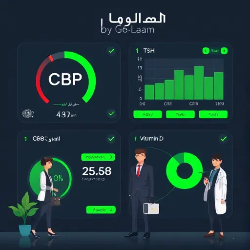 clean infographic-style illustration showing CBC, CRP, TSH, Vitamin D panels, checkmarks and alerts, dark theme with green highlights, text-