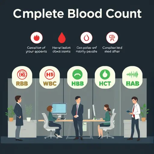 clean infographic illustration of Complete Blood Count (CBC) components with symbolic icons for RBC, WBC, Hb, Hct, platelets;