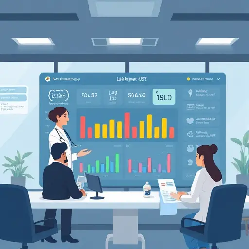 illustrated dashboard showing lab test metrics (CBC, glucose, LDL)