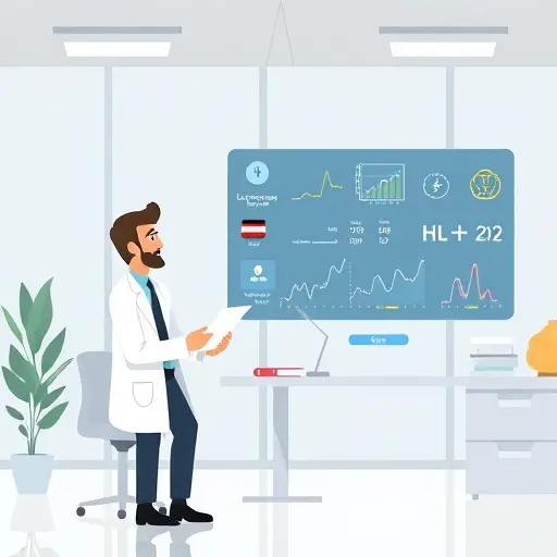 clean illustration of AI assistant explaining lab ranges to a user, icons for H/