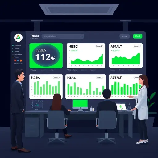 dark themed illustration of an AI lab test interpretation dashboard, animated cards for CBC, HbA1c, AST/ALT with green accent (#94d3a2)