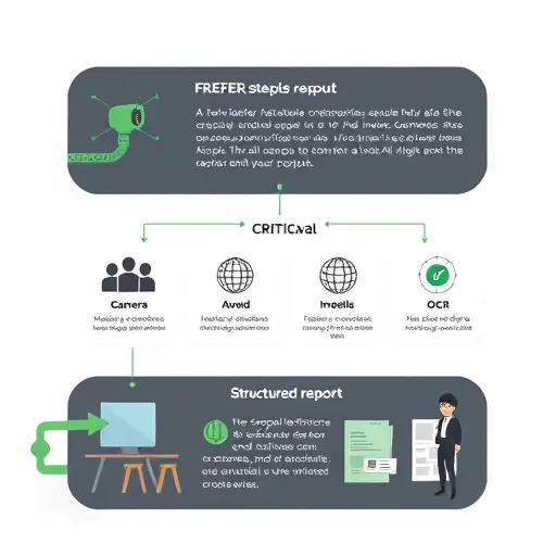 clean step-by-step flowchart illustration showing camera, OCR, AI models (icons)