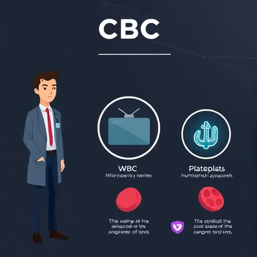 cartoon-style infographic of CBC components (WBC, RBC, platelets)
