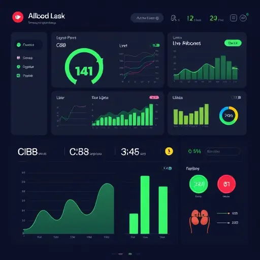 clean illustration of an AI-powered blood test dashboard, showing abstract charts for CBC, glucose, lipids, liver and kidney icons, dark UI with green accents matching #171717 and #94d3a2