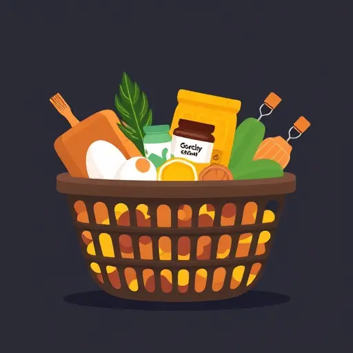 illustrated grocery basket with affordable high-protein and high-fiber foods, labeled icons like eggs, oats, brown rice, legumes, olive oil, vegetables, clean flat design, dark theme, text-free