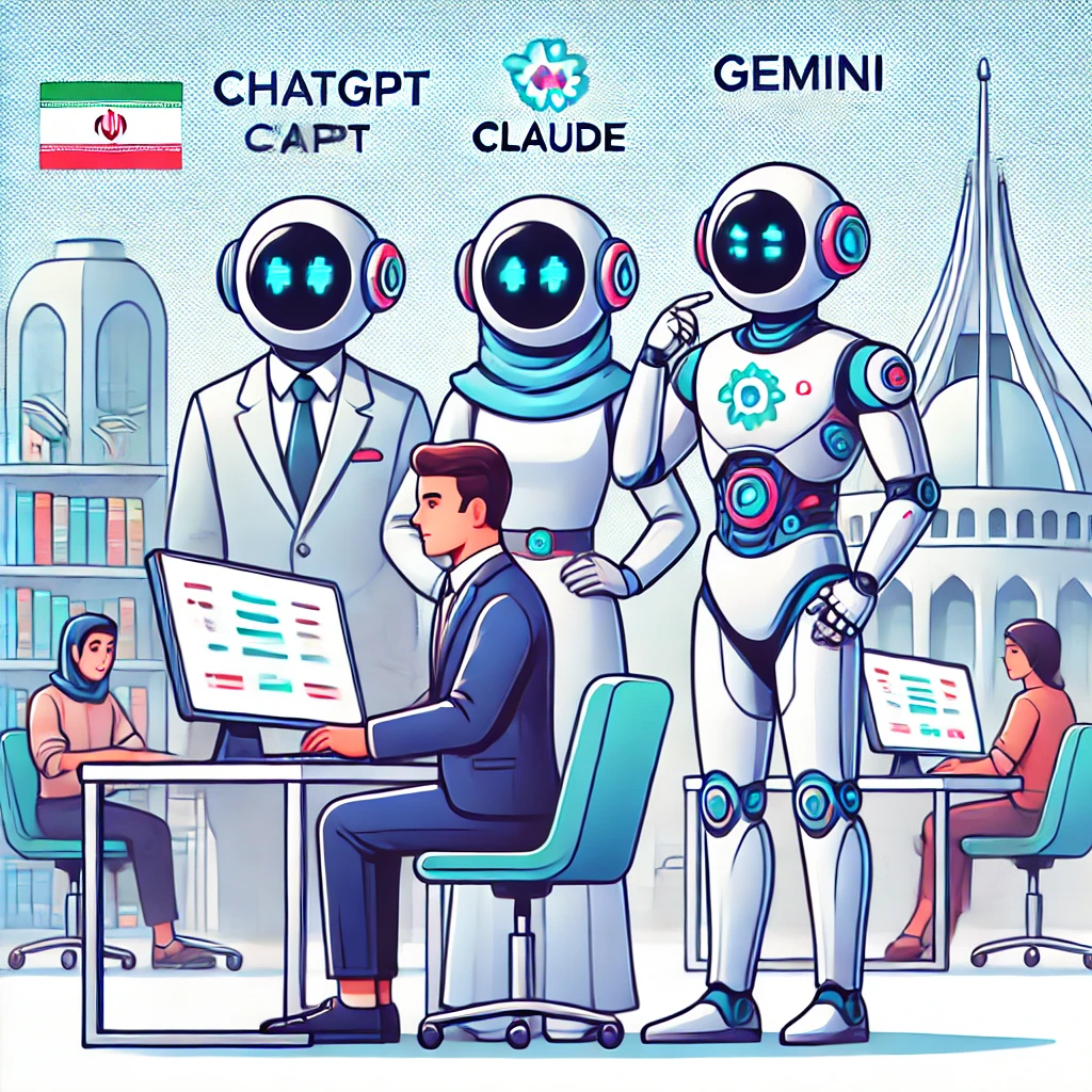 animated comparison chart of three AI models (ChatGPT, Claude, Gemini) helping a student on different TOEFL tasks, with technology icons, color-coded strengths, text-free