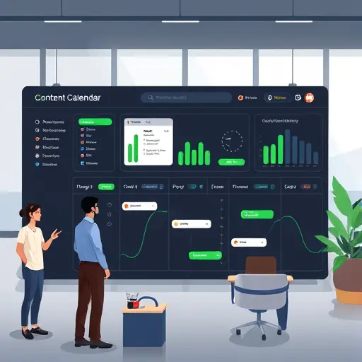 animated illustration of a content calendar dashboard powered by AI, clean dark UI, green accent matching #94d3a2