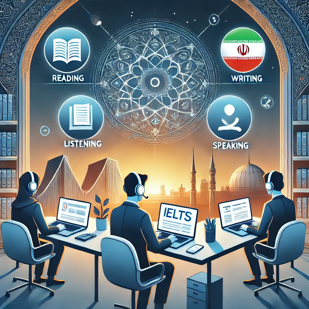 animated illustration showing the four IELTS skills (reading, writing, listening, speaking)