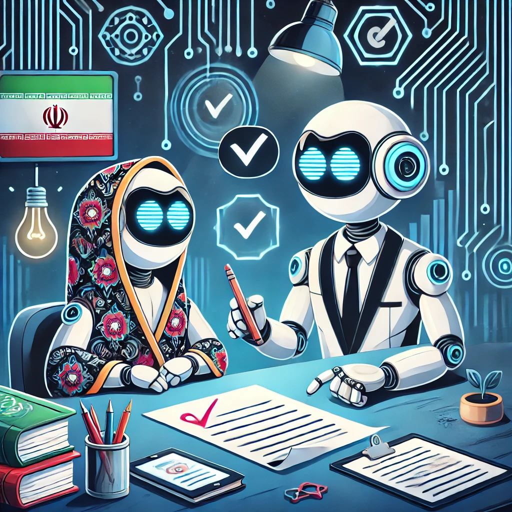 illustration, animated AI robot checking student essay, digital correction marks, notebook and pencil, abstract technology background, no text