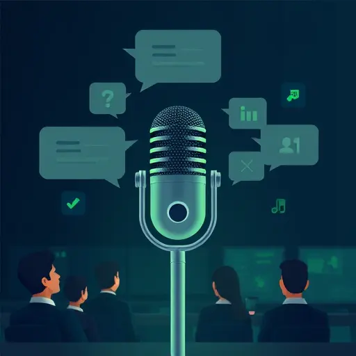 illustration of a virtual microphone and AI chat bubbles simulating Q&
