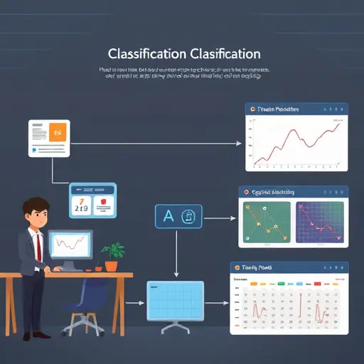 cartoon illustration of a machine learning classification pipeline: dataset upload, train/test split, feature scaling, logistic regression and random forest blocks, evaluation with accuracy/F1/