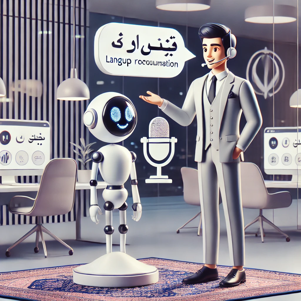 modern animated illustration of a chatbot helping a user with language pronunciation, microphone and sound wave icons, high-tech setting, no text