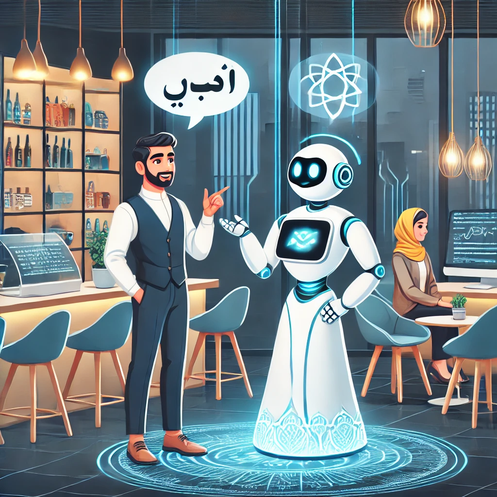 cartoon style illustration of a language learner and an AI bot role-playing a conversation in a cafe setting, lively and interactive atmosphere, text-free