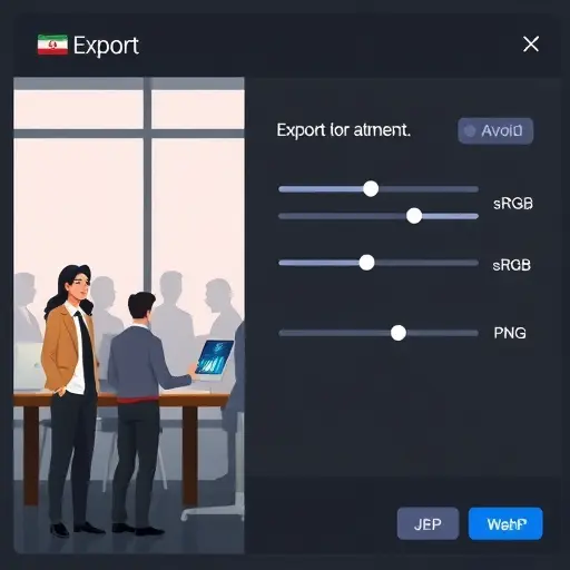 modern illustration of export panel with sliders for quality/compression, toggle for sRGB, subtle sharpen icon, format badges (JPEG/WebP/PNG)