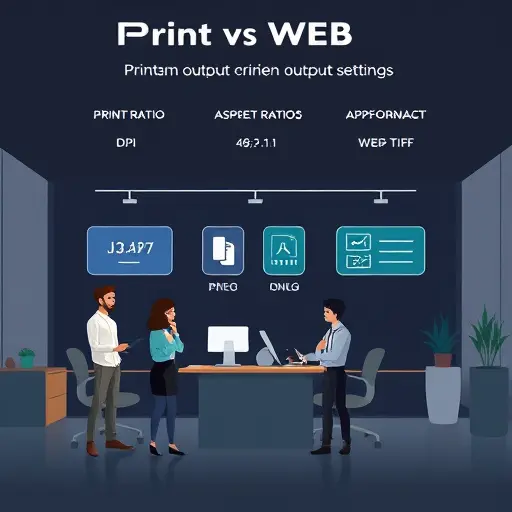 abstract illustration of print vs web output settings, showing icons for DPI, aspect ratios 16:9 4:5 1:1