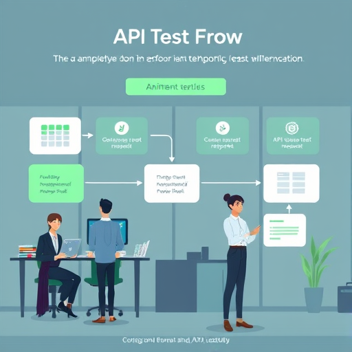animated infographic showing an API test flow: