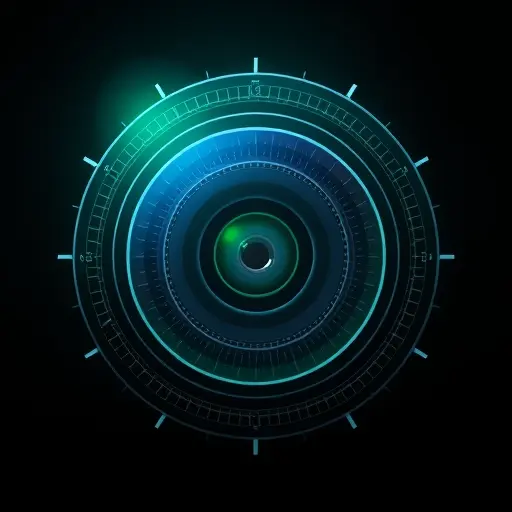 abstract camera lens with neural network patterns indicating high resolution and clarity, dark background, emerald-green glow, premium illustration, no text