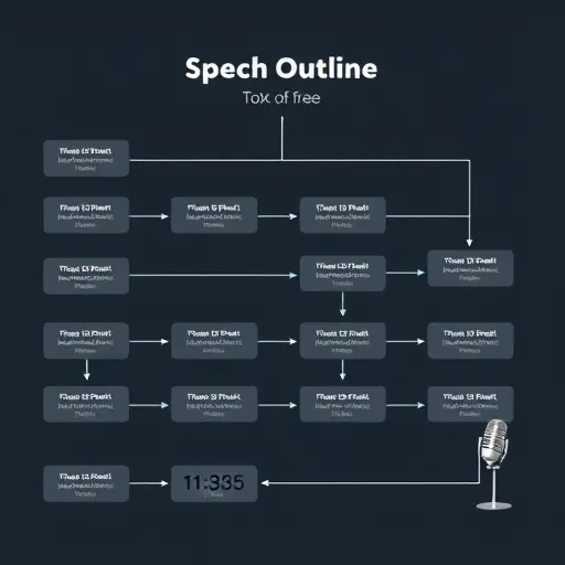 animated flowchart of a speech outline with sections and approximate timestamps, microphone and timer icons, minimalist tech style, dark background, emerald accents, no text