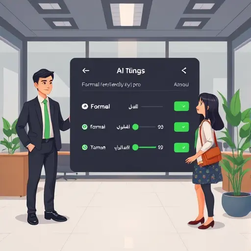 cartoon style UI mockup of AI tone settings panel: toggles for formal/friendly/pro, RTL layout, Jalali date switch, Toman currency setting, dark theme with green accents, clean, text-free