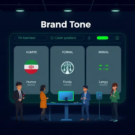animated brand tone selection dashboard, three columns labeled humor, formal, minimal (iconic symbols only)
