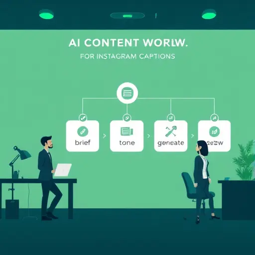 abstract AI content workflow for Instagram captions, steps icons (brief, tone, generate, review)